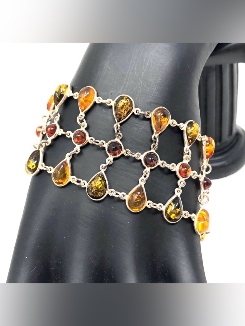 Baltic Amber, sterling silver lace bracelet, vintage, 28.5g